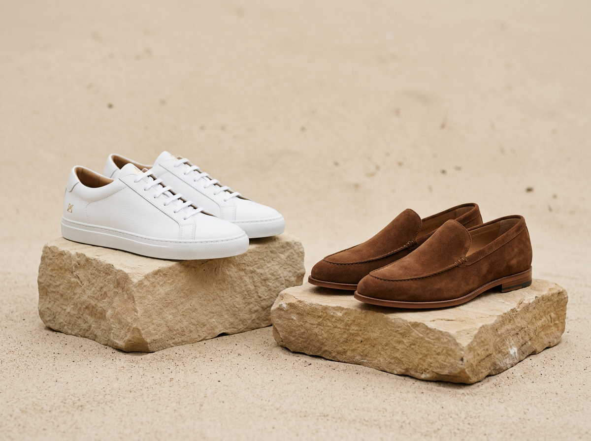 Minimalist clean display of sneakers and suede footwear on neutral background